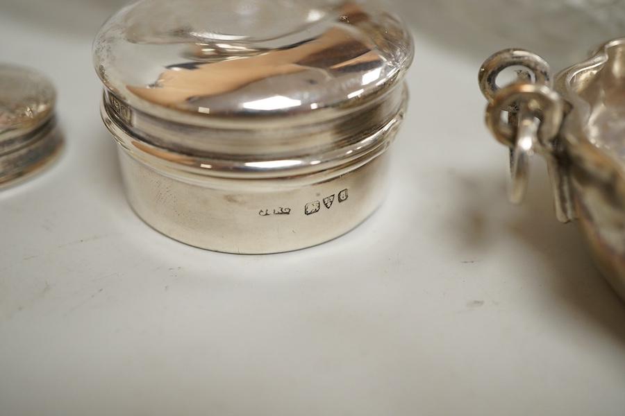 A George V silver topped engraved glass spherical scent bottle and other silver first height 11cm., weight approx. 3.46ozt